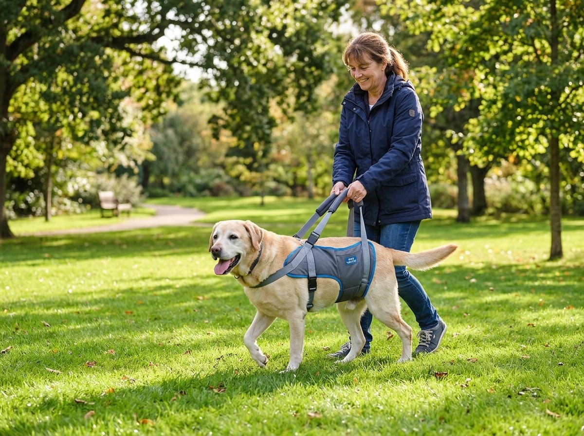 Owner using a supportive mobility sling harness to gently aid an aging Labrador walking happily on a soft grass lawn
