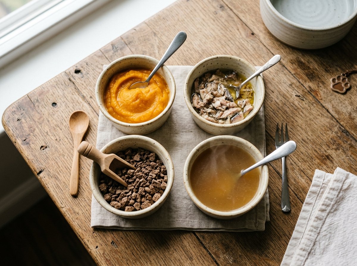 Safe delicious senior dog food toppers including pure pumpkin, sardines, and liver sprinkles