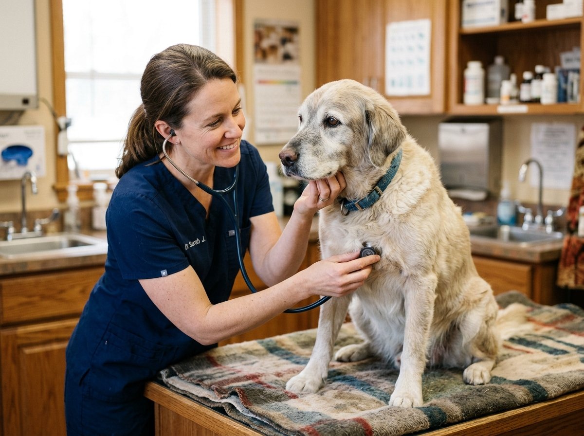 Caring veterinarian gently using a stethoscope to listen to the heart and chest of an older dog in a warm clinic