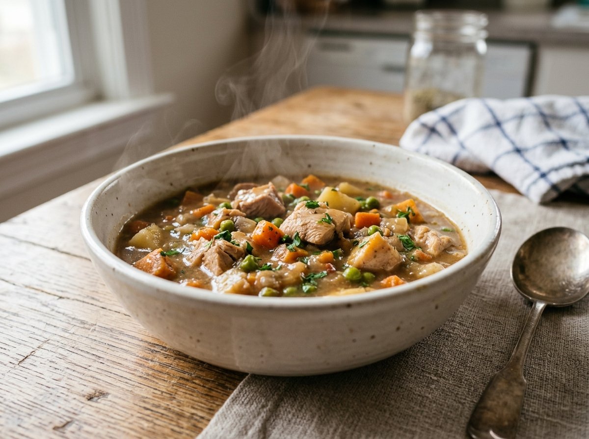 Warm savory senior dog food stew with gentle rising steam in a ceramic bowl