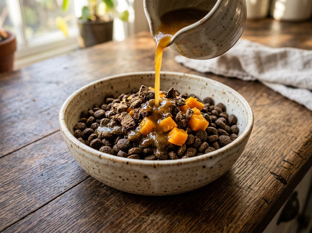 Warm golden bone broth being poured over dry dog kibble with freeze dried chicken liver and pumpkin