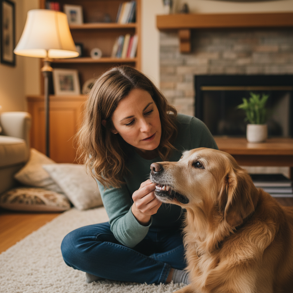 Caring female pet owner gently checking senior dog gum color for signs of anemia