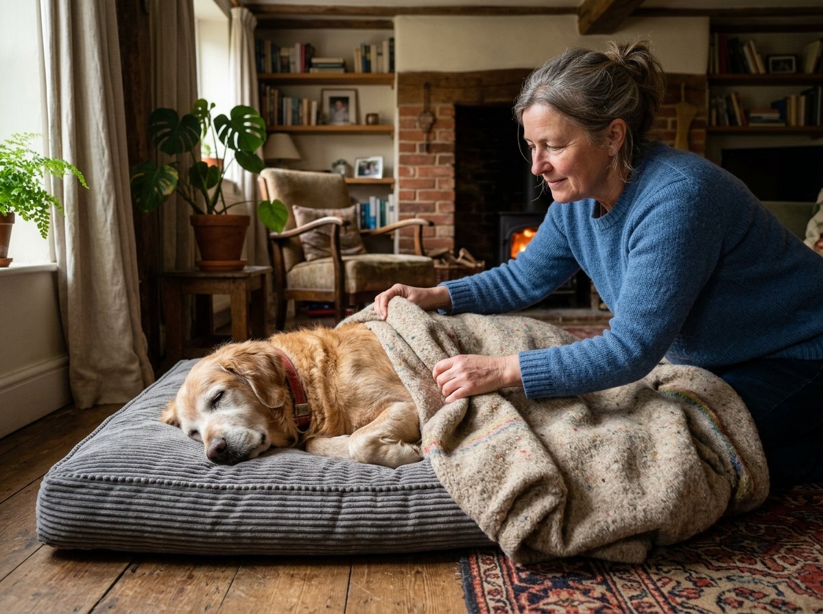 Caring owner gently tucking a warm wool fleece blanket around an older resting dog