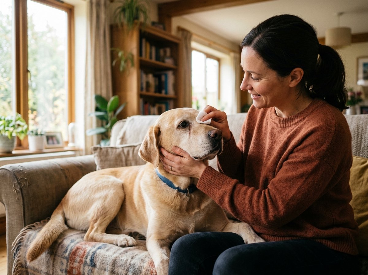 Caring pet owner gently cleaning senior dog eye discharge with a warm moist cotton pad