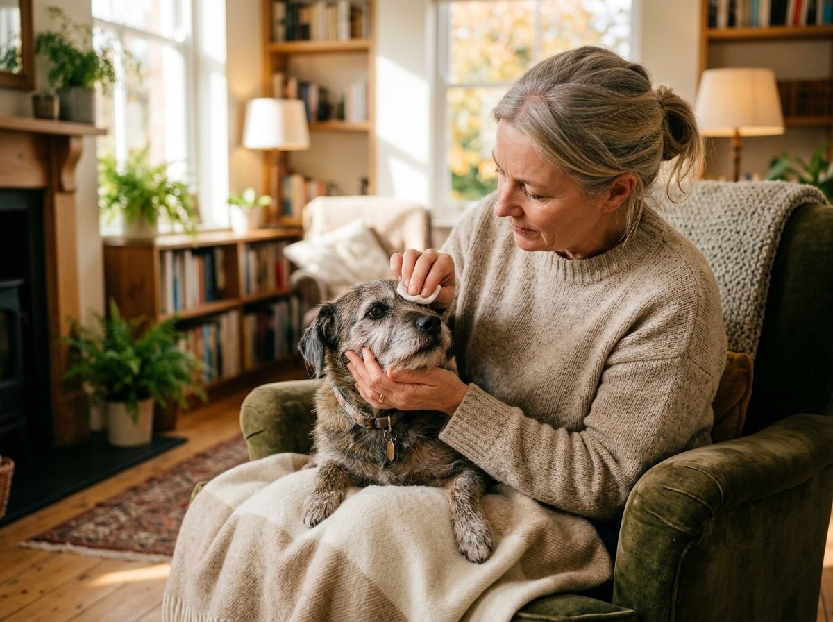 Caring dog owner gently cleaning eye discharge from an older dog with a warm damp cotton pad