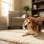 Senior dog resting with loving owner during home assessment of dog breath odor causes