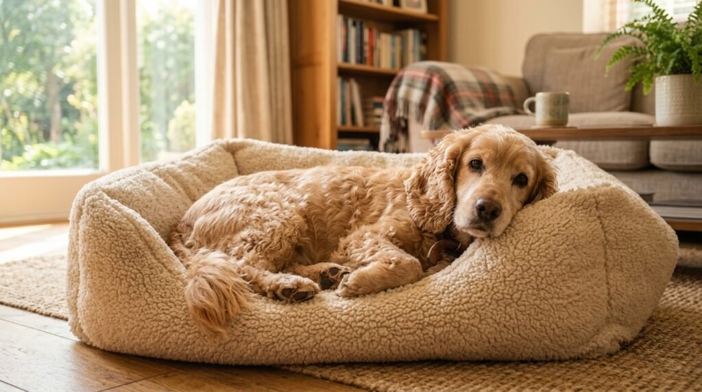 Senior dog resting comfortably on soft bed with clear healthy eyes during home care