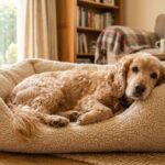 Senior dog resting comfortably on soft bed with clear healthy eyes during home care