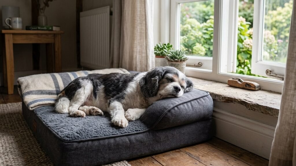 Peaceful senior dog resting comfortably on a cozy bolster bed in a sunlit room