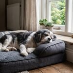 Peaceful senior dog resting comfortably on a cozy bolster bed in a sunlit room