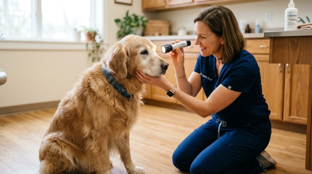 Veterinarian gently inspecting an older dog's eye with an ophthalmic light in an exam room