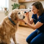 Veterinarian gently inspecting an older dog's eye with an ophthalmic light in an exam room