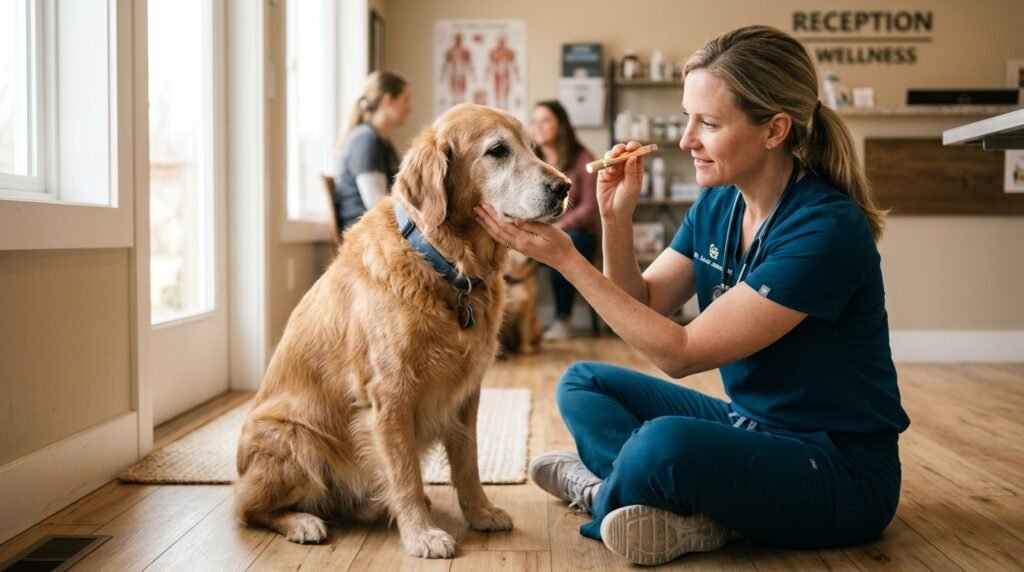 Female veterinarian gently examining an older dog's muzzle and nasal passages with a soft penlight in a clinic