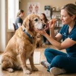 Female veterinarian gently examining an older dog's muzzle and nasal passages with a soft penlight in a clinic