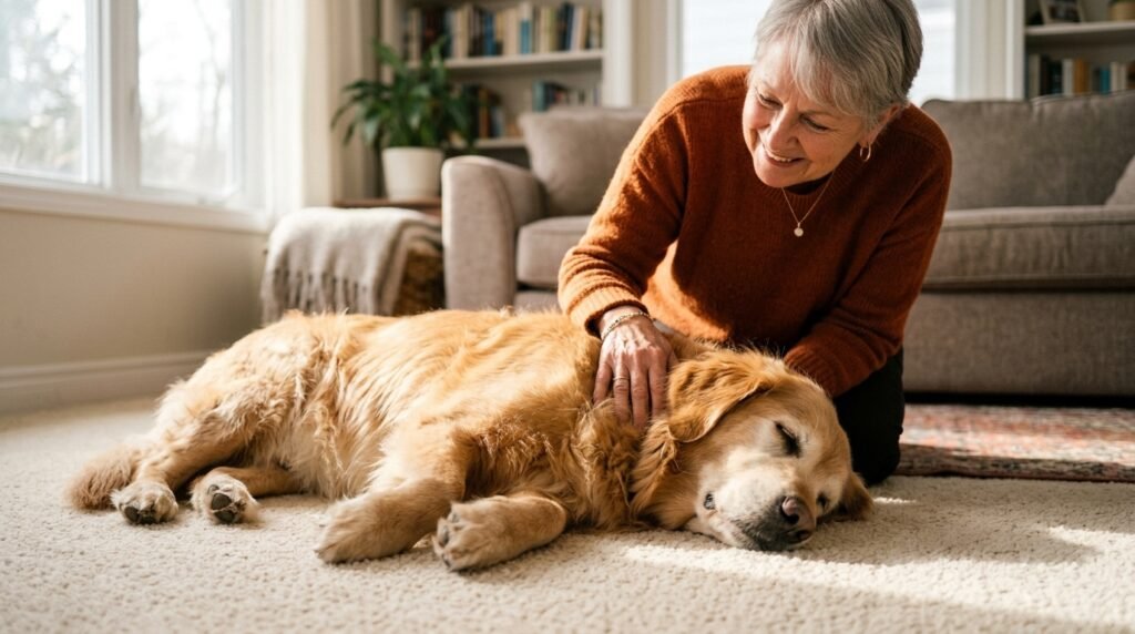 Senior dog resting comfortably on carpet while caring owner checks fur for dog wart causes