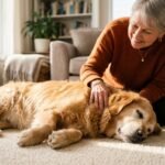 Senior dog resting comfortably on carpet while caring owner checks fur for dog wart causes