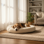 Senior beagle resting peacefully on cozy fleece dog bed in living room