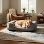 Senior golden retriever resting comfortably on orthopedic bed recovering from hip surgery - FHO Surgery Dog