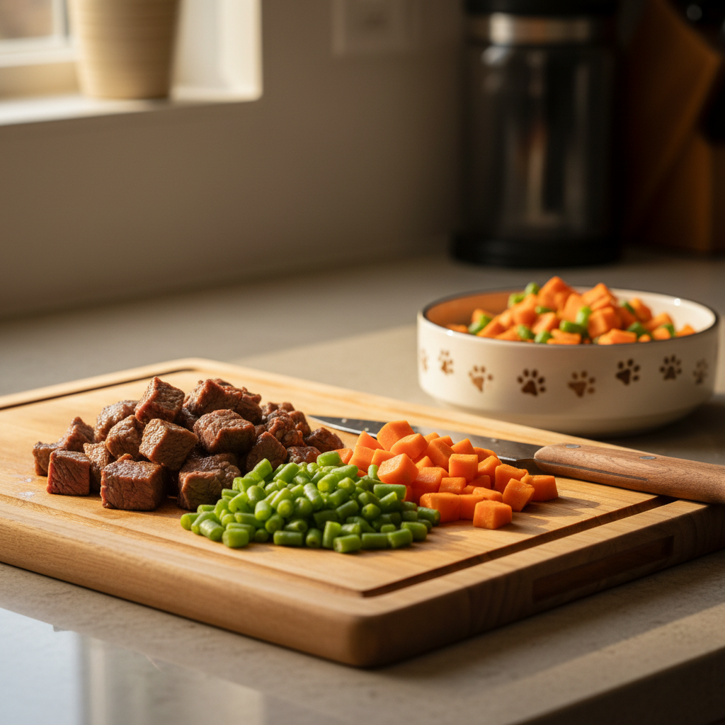 Cooked lean beef chunks diced carrots and green beans prepared for senior dog nutrition