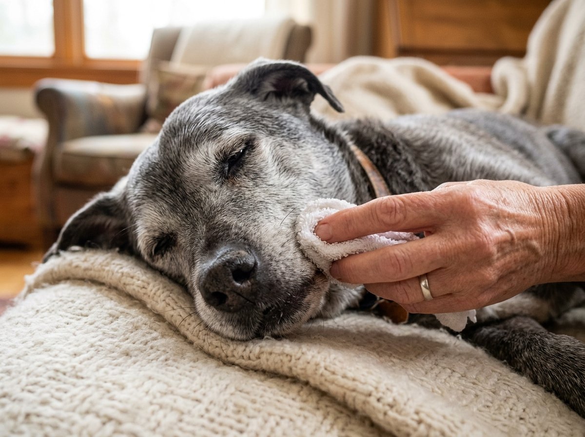 Gentle hand using a damp soft cloth to moisten the lips and muzzle of a resting senior dog