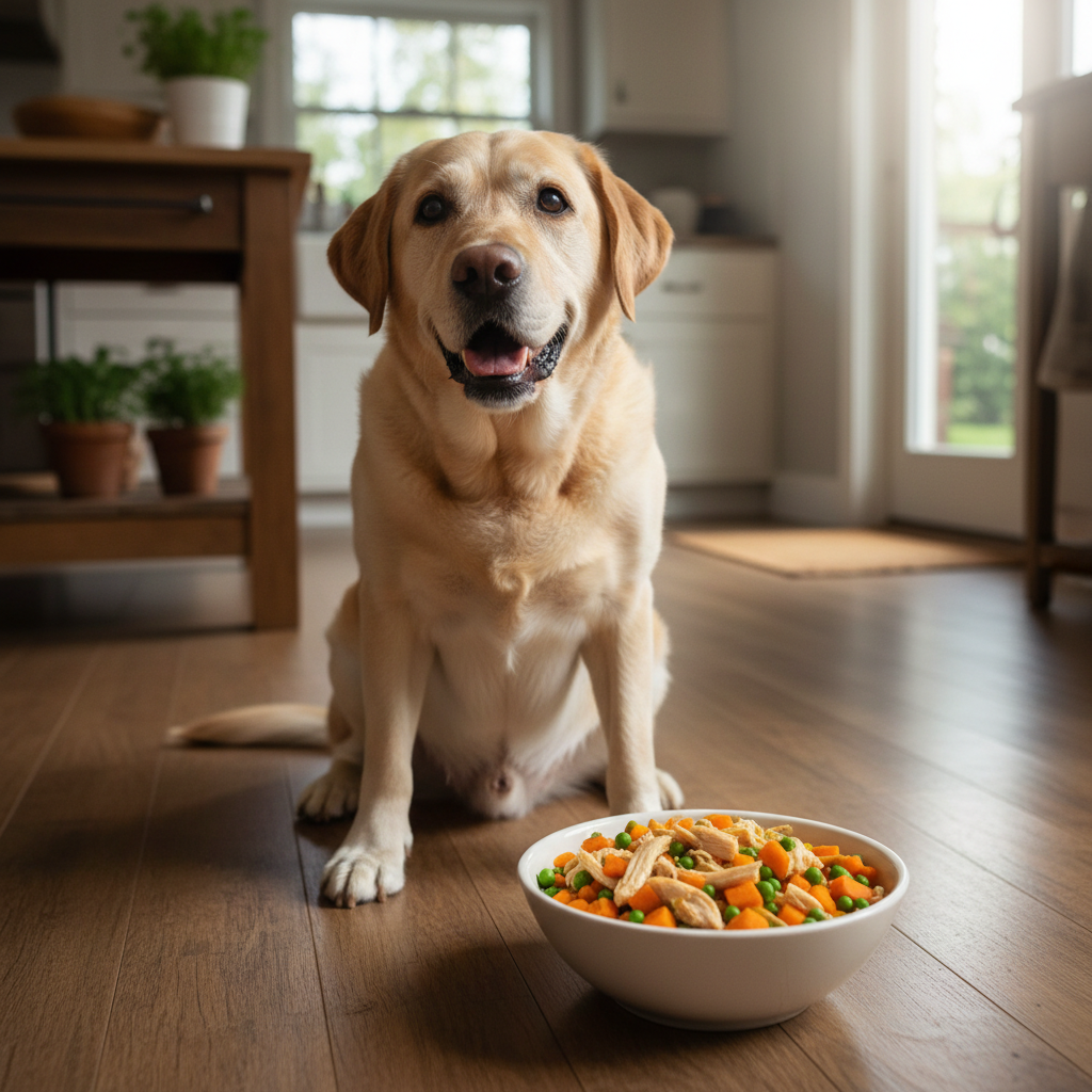 Senior yellow Labrador sitting next to a bowl of fresh cooked human grade dog food