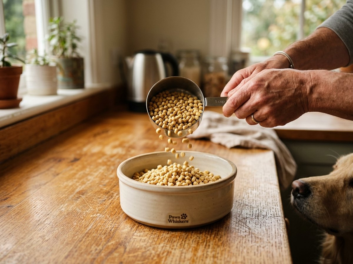 Pouring measured veterinary hydrolyzed dog food kibble into a ceramic bowl on a wooden countertop