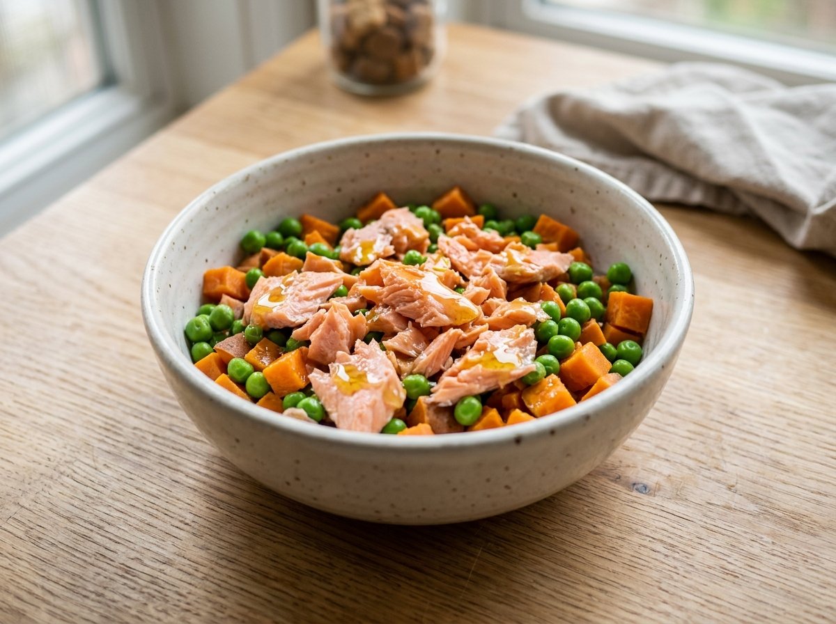 Nutritious dog food bowl filled with steamed salmon, sweet potato, and omega-3 oil