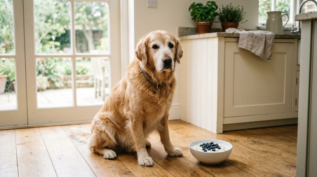 Senior golden retriever sitting next to bowl of plain Greek yogurt on kitchen floor