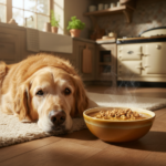 Senior dog resting comfortably in kitchen next to bowl of softened kibble dog food