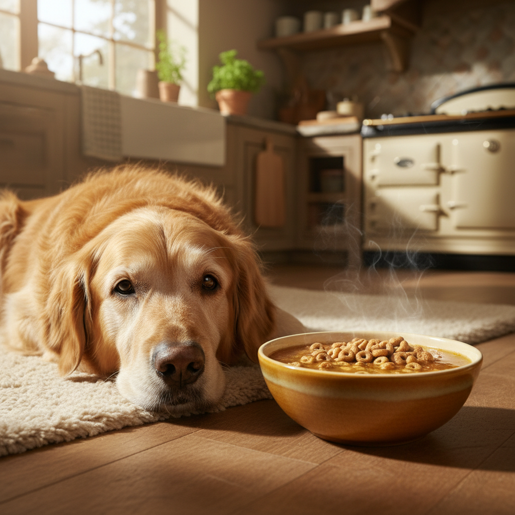 Senior dog resting comfortably in kitchen next to bowl of softened kibble dog food