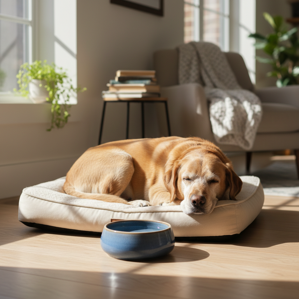Senior dog resting peacefully on comfortable bed near water bowl during kidney disease care