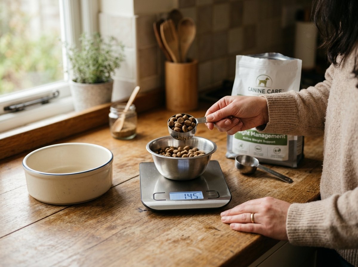 Measuring precise grams of weight management dog food on a digital kitchen scale