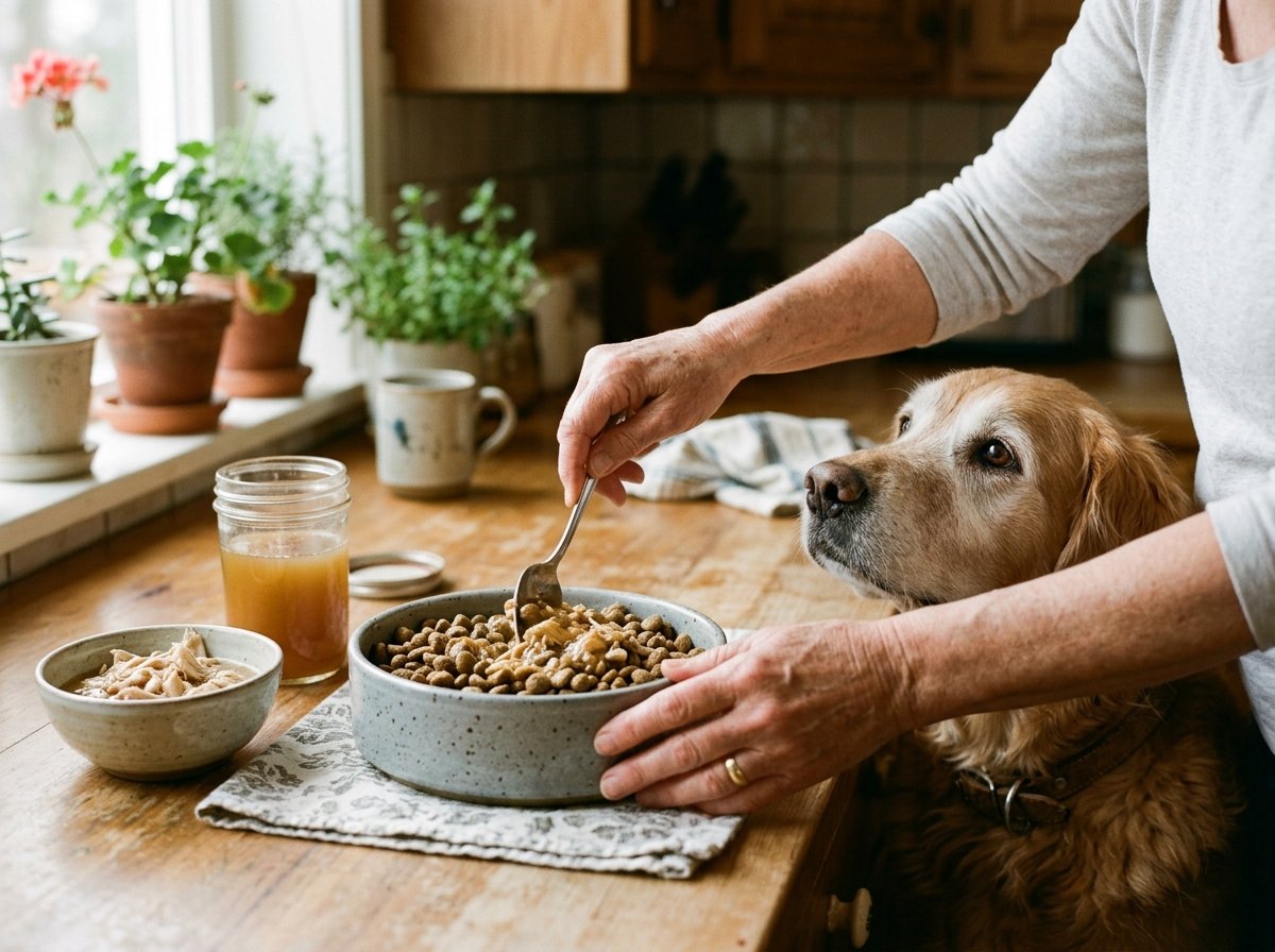 Caring pet owner hands gently mixing warm bone broth and chicken topper into a senior dog food bowl