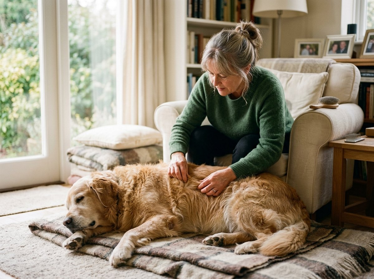 Pet owner gently checking senior dog skin and coat for bumps during home grooming