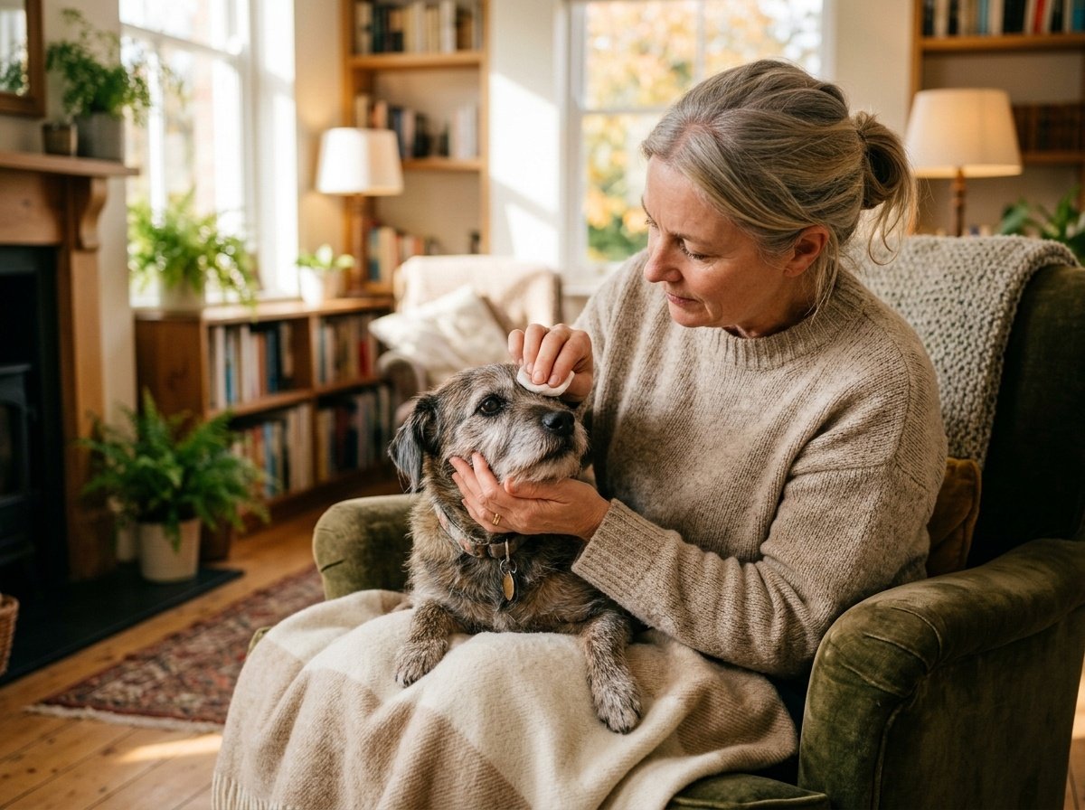 Owner gently cleaning dog eye boogers from senior dog face using a damp cotton pad