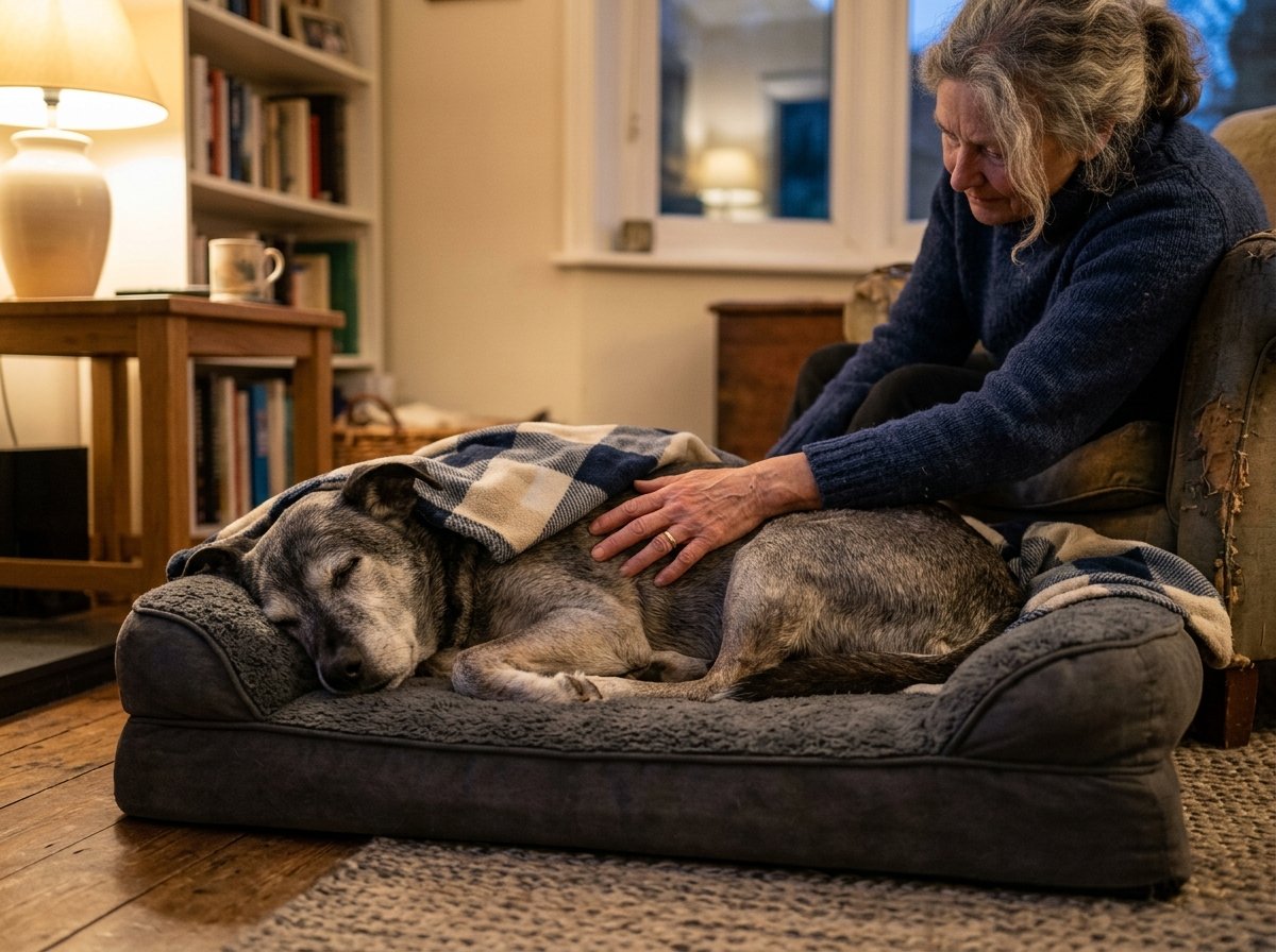 Older dog resting peacefully on an orthopedic bed covered with a warm blanket while owner gently comforts them