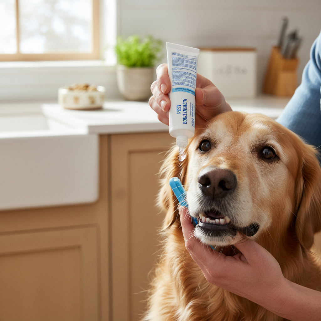 Pet owner applying enzymatic dog toothpaste onto a finger brush to clean teeth at home