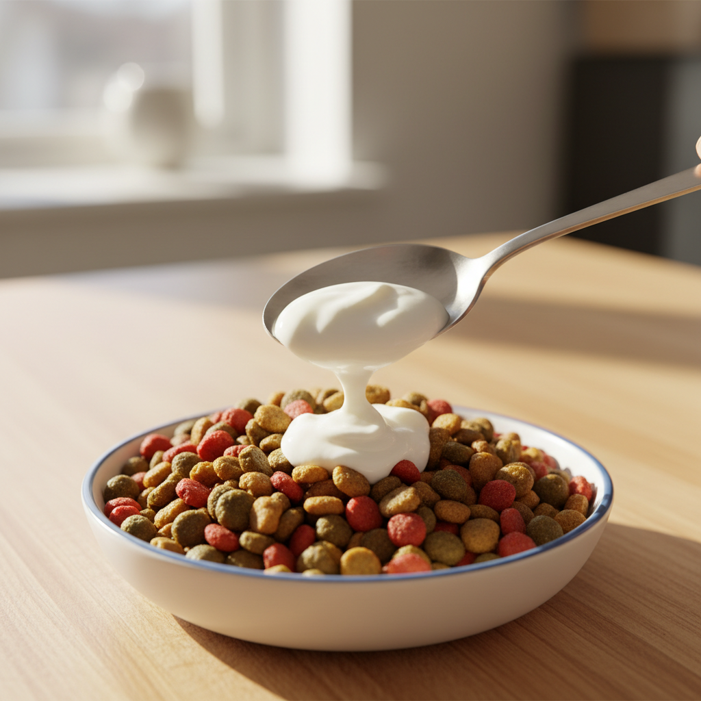 Stainless steel spoon adding a dollop of plain Greek yogurt on senior dog kibble