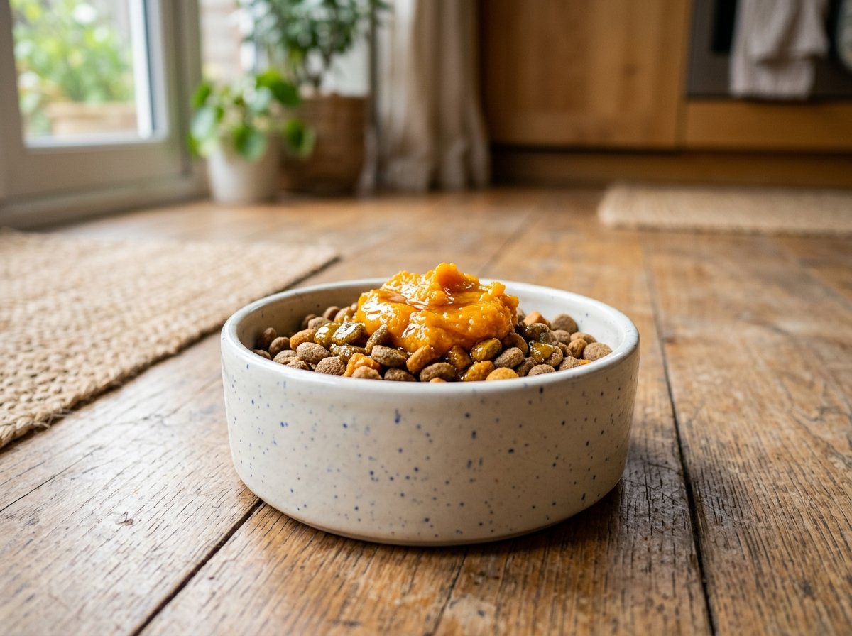 Ceramic dog bowl with salmon kibble topped with pure pumpkin puree and omega-3 fish oil for sensitive skin