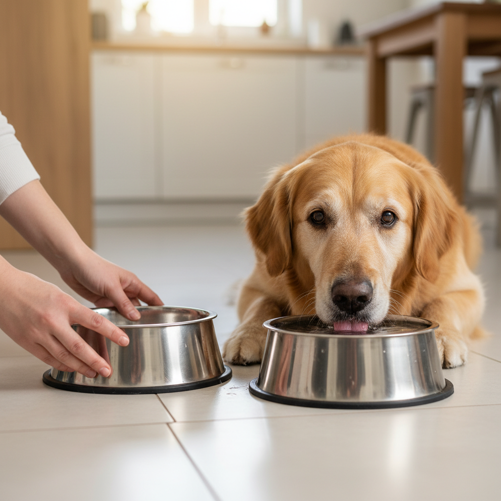 Senior dog drinking clean fresh water from a bowl to maintain healthy kidney hydration