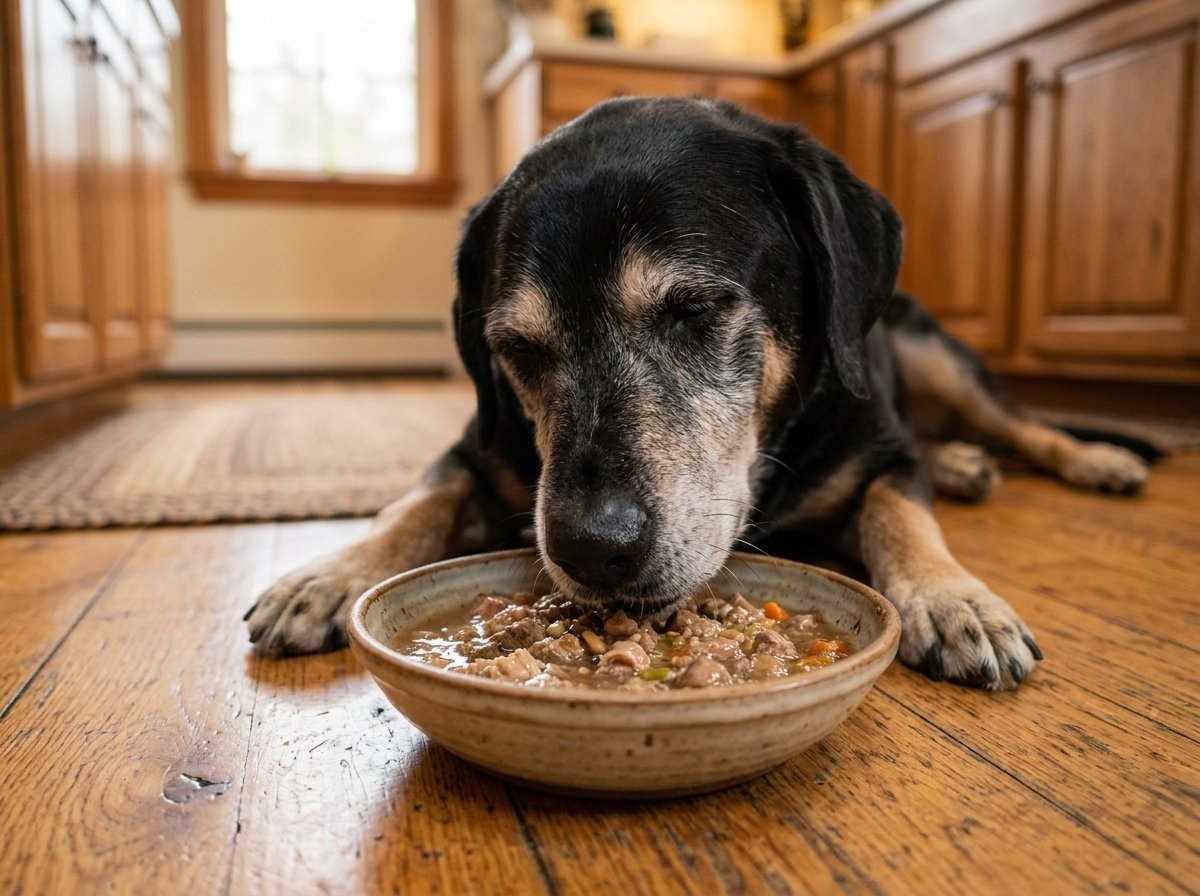Senior dog with a healthy smooth moisturized black nose happily sniffing a savory dinner bowl