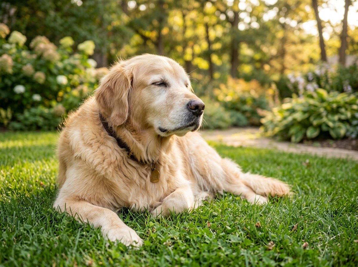 Calm senior golden retriever resting on grass with a thick healthy coat