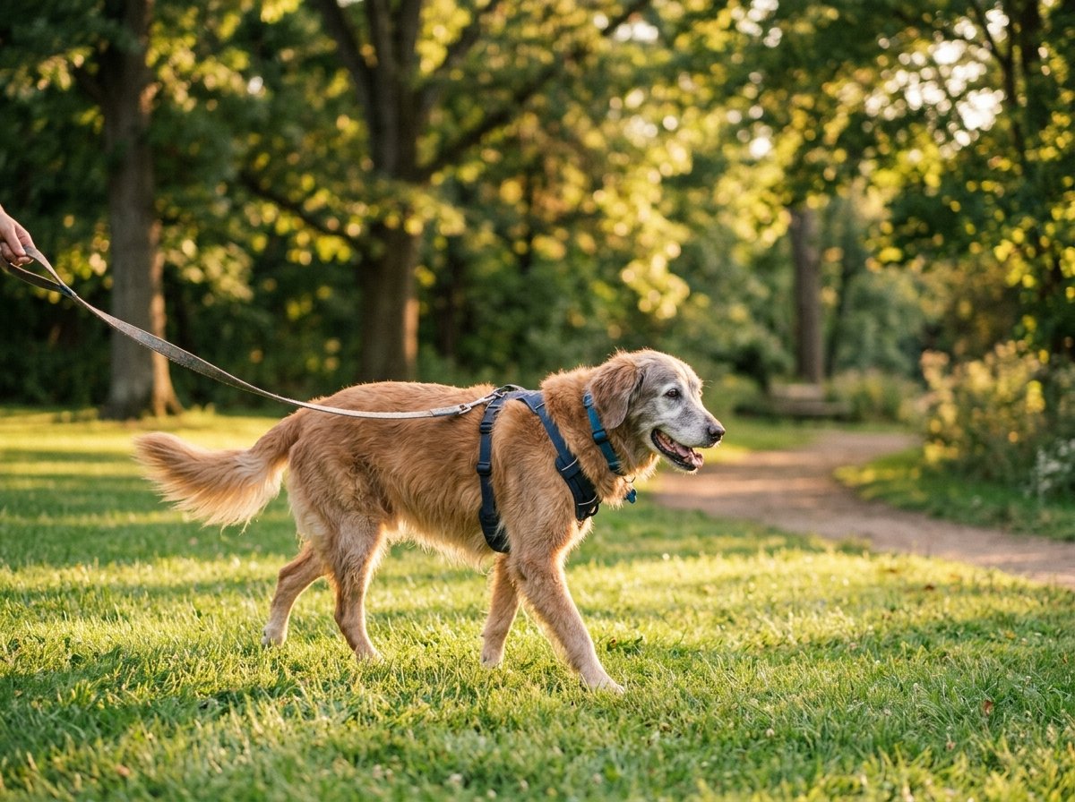 Senior dog walking comfortably and lean across a grassy park lawn during golden hour