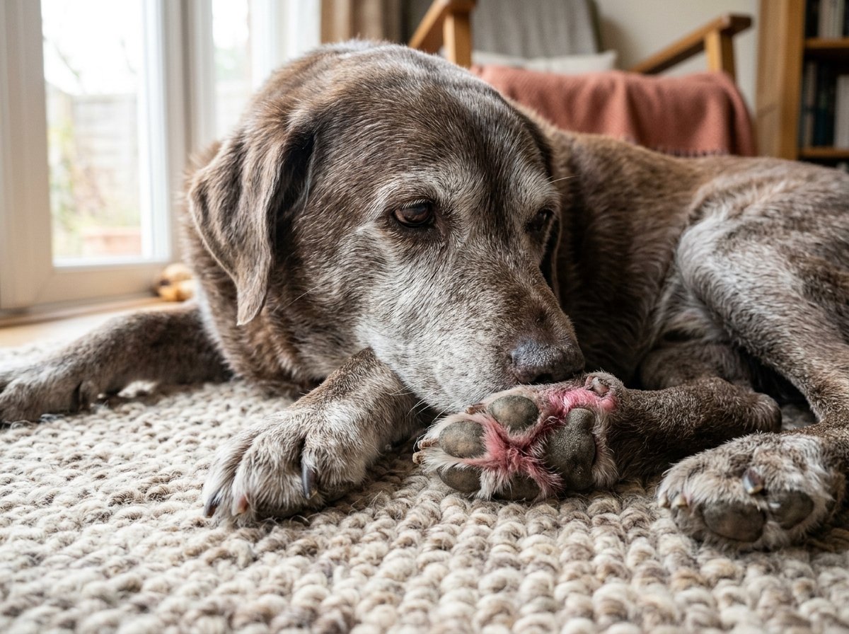 Close up of an older dog resting on a rug with slightly red paw from skin allergy licking