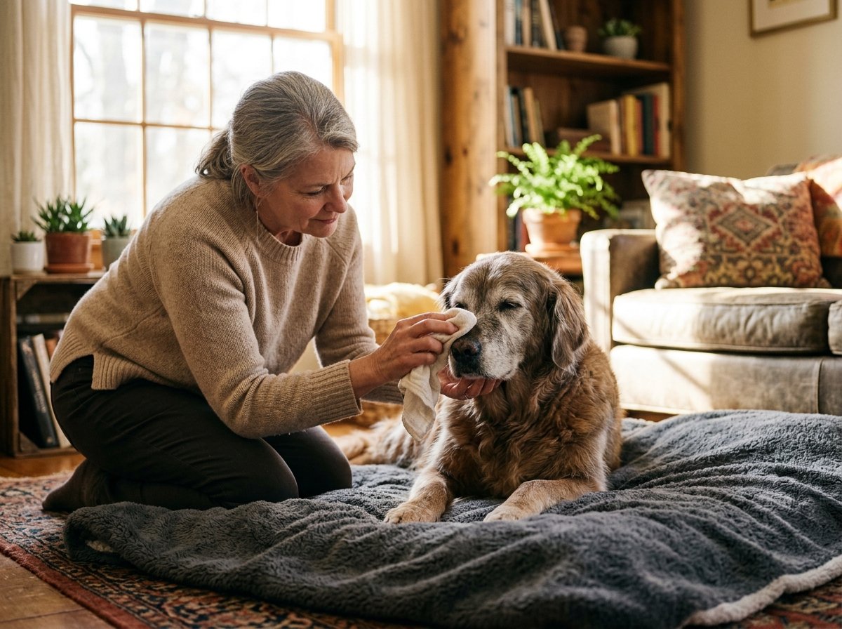 Caring dog owner gently cleaning nasal discharge from an older dog with a warm damp cloth at home