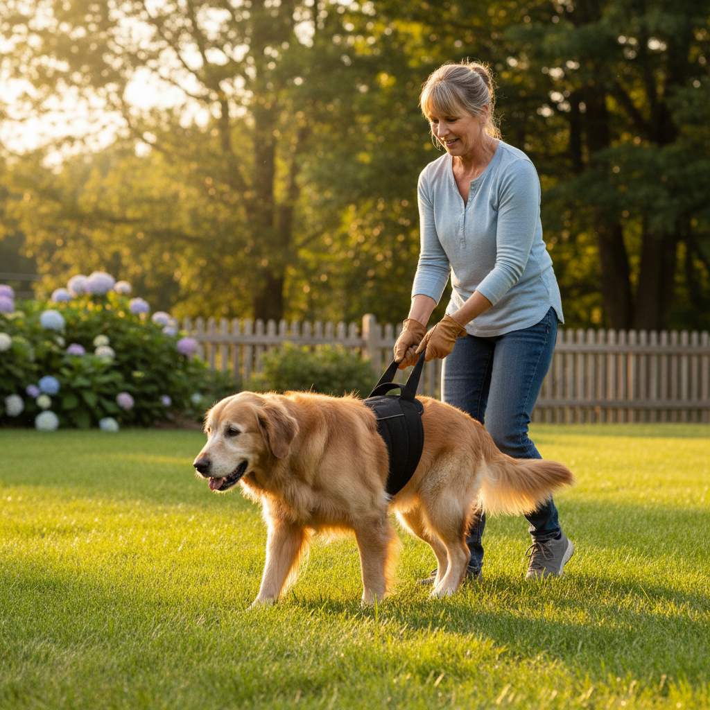 Caring owner assisting older dog with rear support mobility sling on grassy lawn