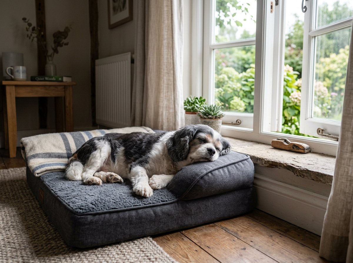 Elderly dog sleeping peacefully and breathing easily on an orthopedic bed near an open window