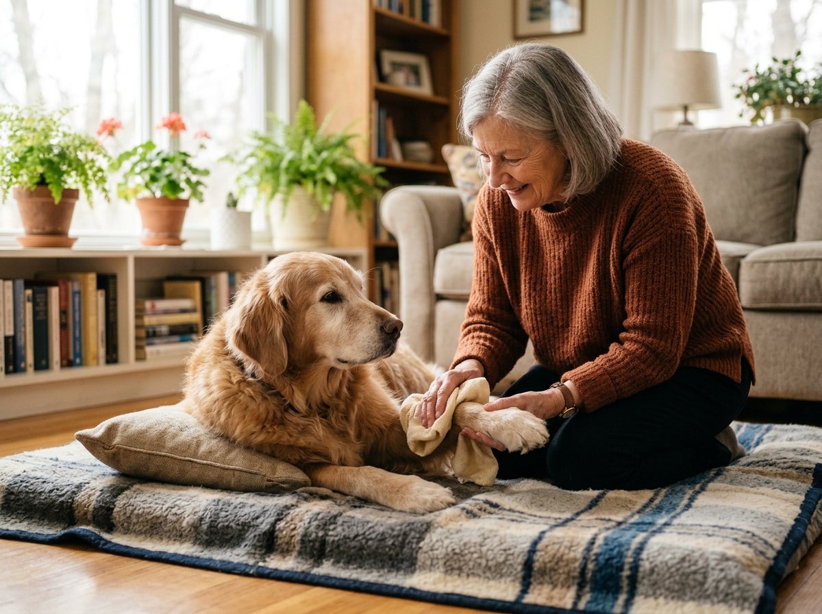 Caring dog owner soothing an older dog's sensitive skin with a warm damp compress at home