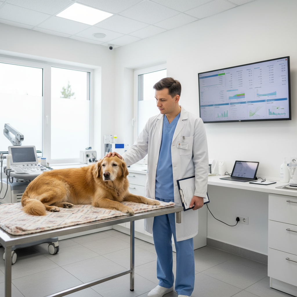 Veterinarian reviewing digital blood test results for canine kidney disease on exam table