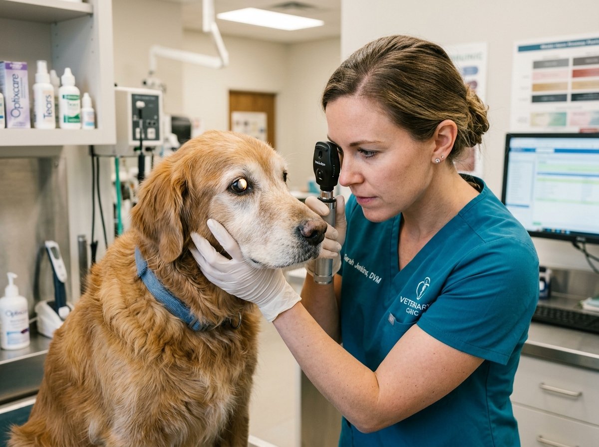 Veterinarian in clinic examining senior dog eye with ophthalmoscope for discharge causes